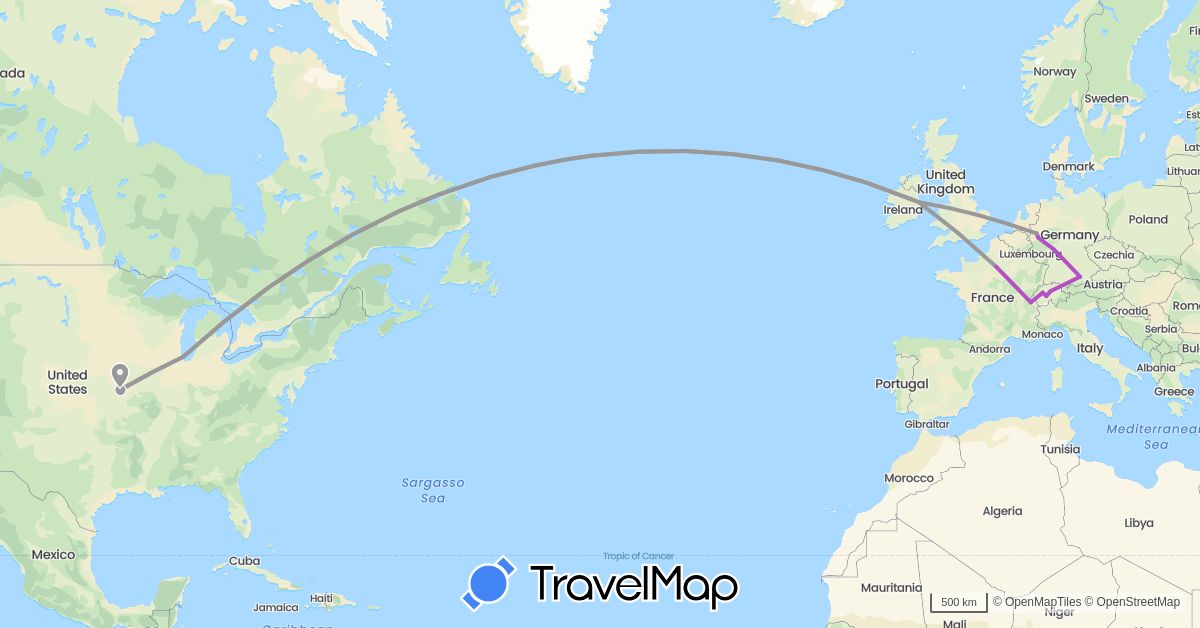 TravelMap itinerary: driving, plane, train in Switzerland, Germany, France, Ireland, United States (Europe, North America)